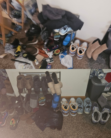 Cluttered area with various shoes and clothing items on the floor and a more organized shoe rack.